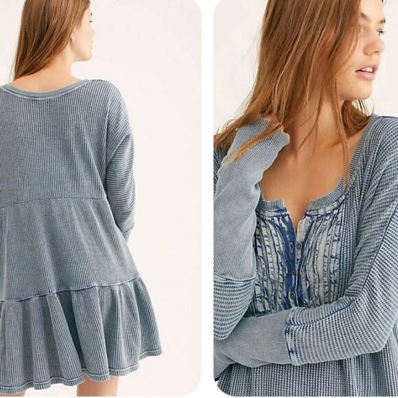 fp XS One Jolene Waffle Knit Stone Washed Blue Tiered Long Sleeve Dress - Picture 2 of 16